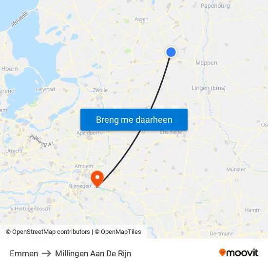 Emmen to Millingen Aan De Rijn map