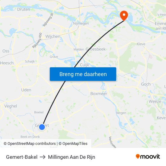 Gemert-Bakel to Millingen Aan De Rijn map