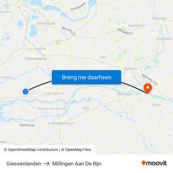 Giessenlanden to Millingen Aan De Rijn map