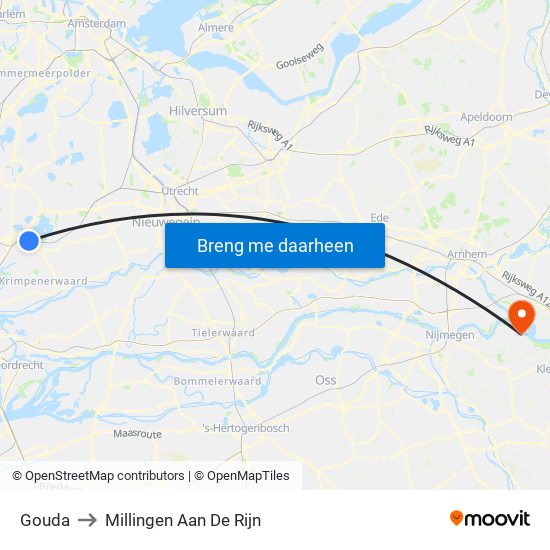 Gouda to Millingen Aan De Rijn map
