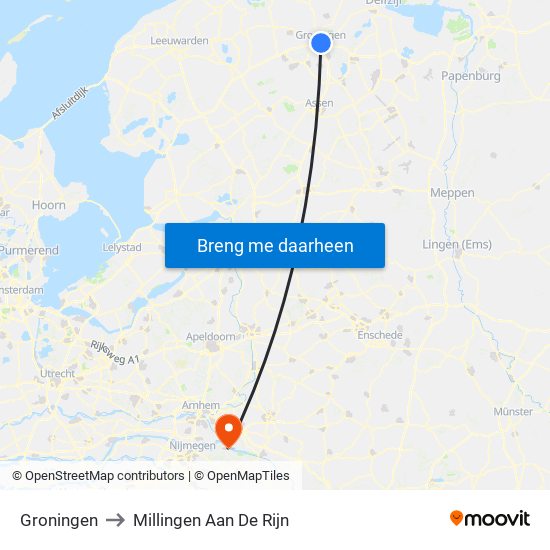 Groningen to Millingen Aan De Rijn map
