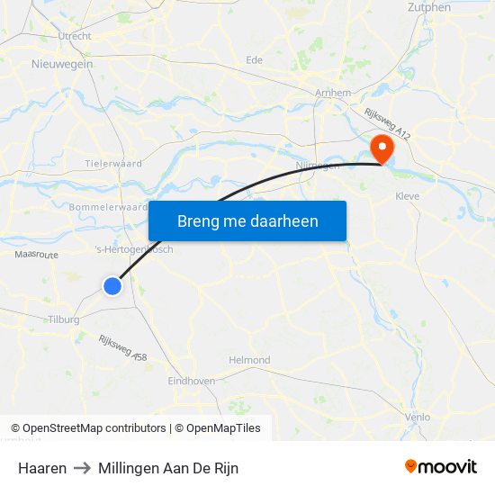 Haaren to Millingen Aan De Rijn map