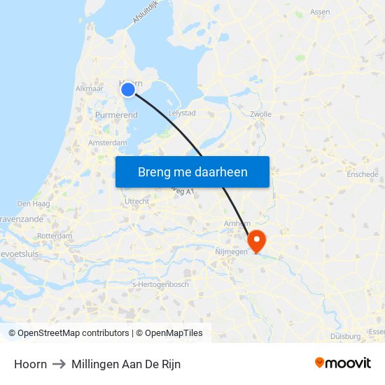 Hoorn to Millingen Aan De Rijn map