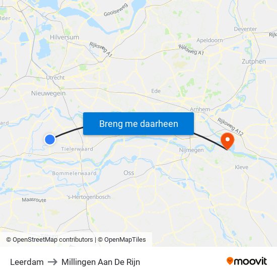 Leerdam to Millingen Aan De Rijn map