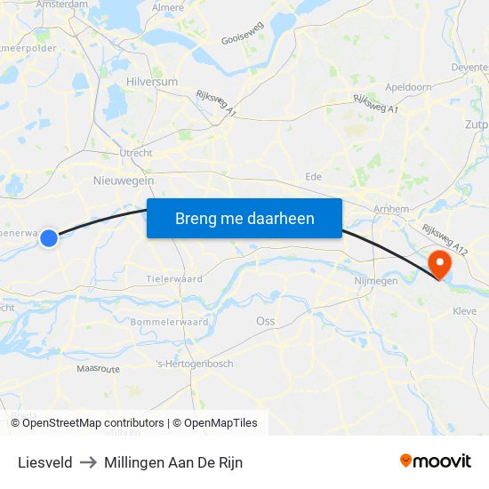 Liesveld to Millingen Aan De Rijn map