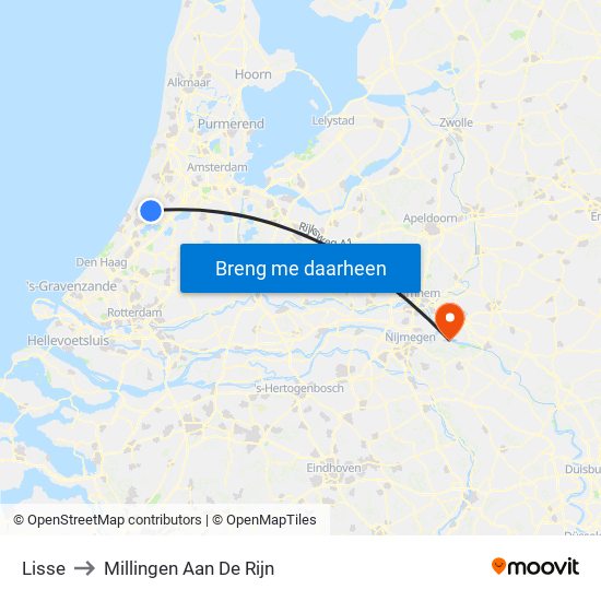 Lisse to Millingen Aan De Rijn map