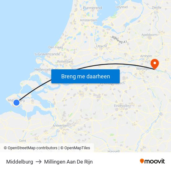 Middelburg to Millingen Aan De Rijn map