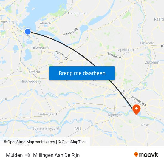 Muiden to Millingen Aan De Rijn map