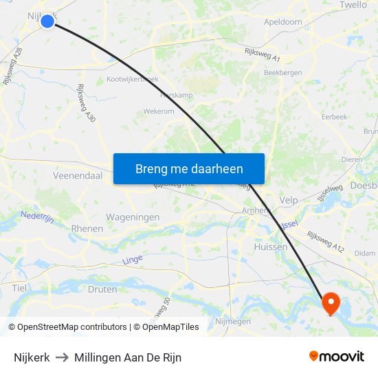 Nijkerk to Millingen Aan De Rijn map