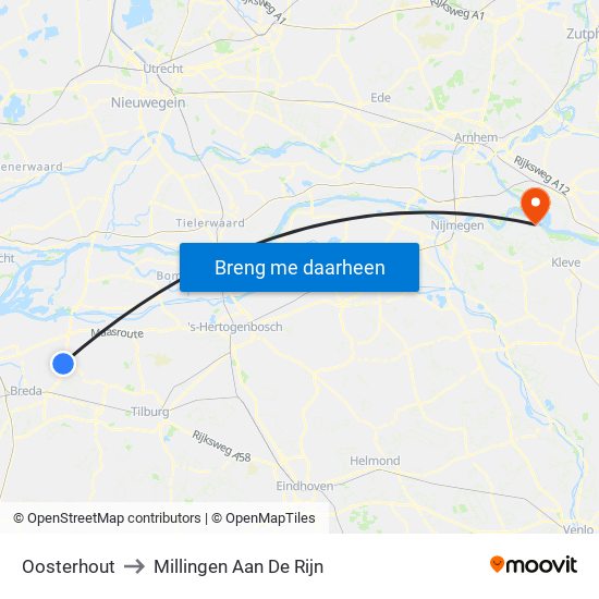 Oosterhout to Millingen Aan De Rijn map