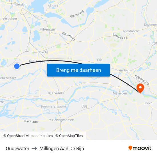 Oudewater to Millingen Aan De Rijn map