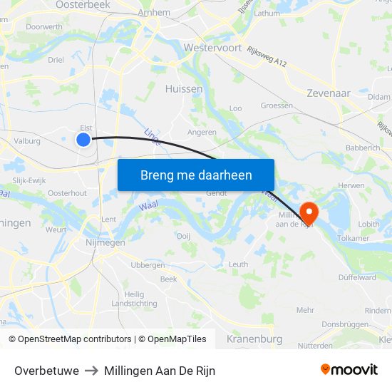 Overbetuwe to Millingen Aan De Rijn map