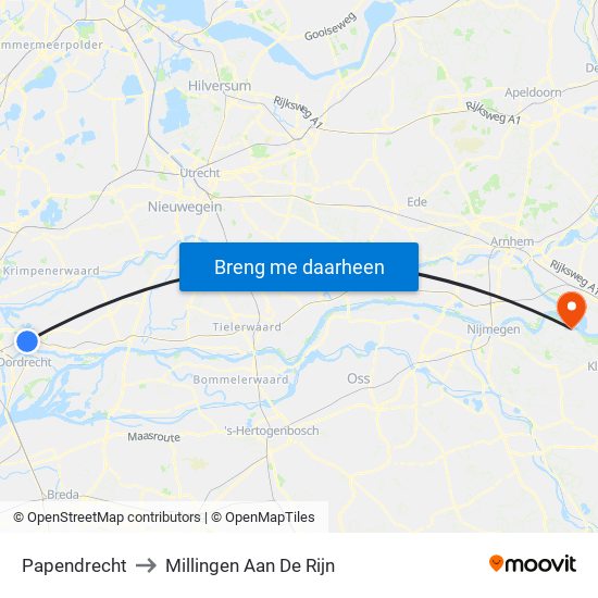 Papendrecht to Millingen Aan De Rijn map