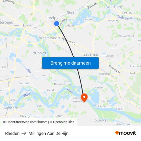 Rheden to Millingen Aan De Rijn map