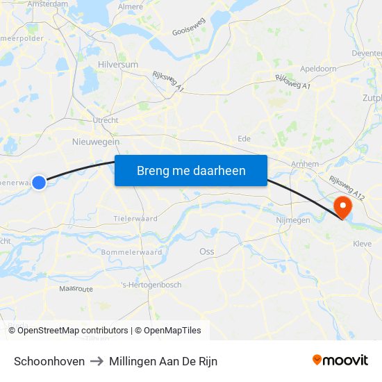Schoonhoven to Millingen Aan De Rijn map