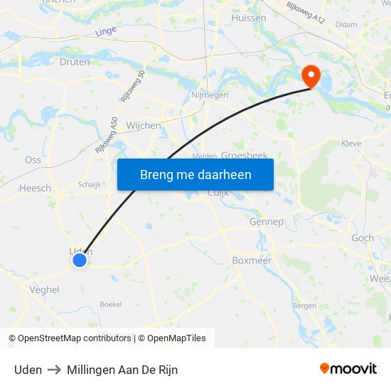 Uden to Millingen Aan De Rijn map