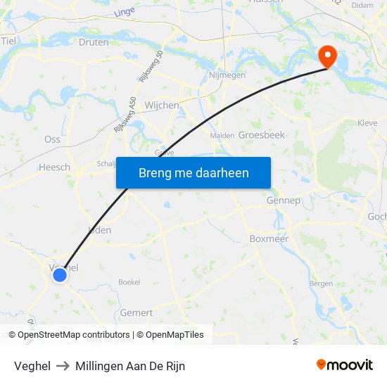 Veghel to Millingen Aan De Rijn map