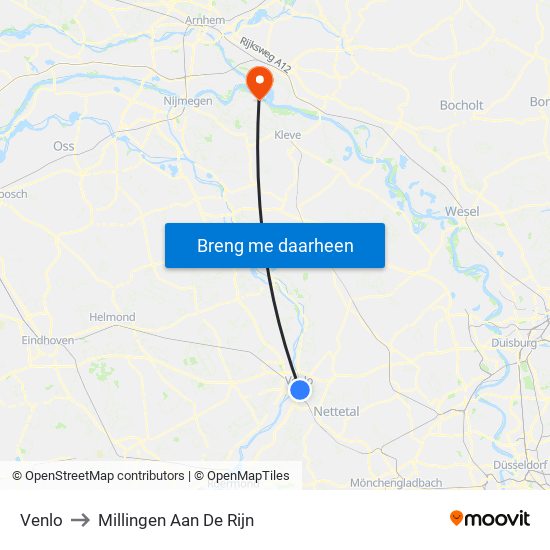 Venlo to Millingen Aan De Rijn map