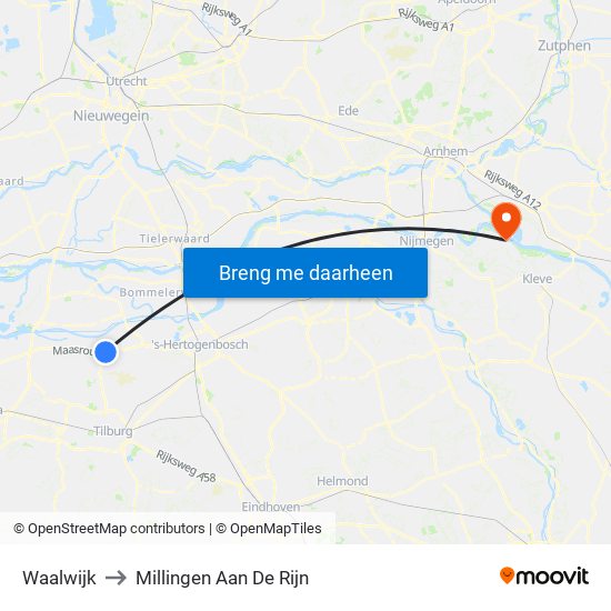 Waalwijk to Millingen Aan De Rijn map