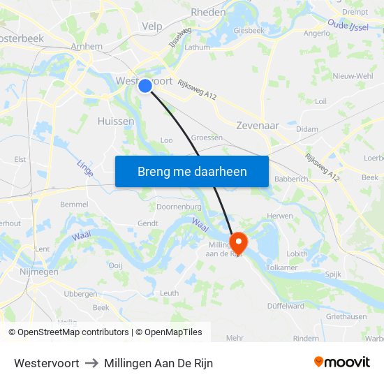 Westervoort to Millingen Aan De Rijn map