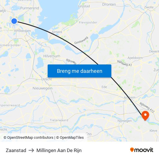 Zaanstad to Millingen Aan De Rijn map