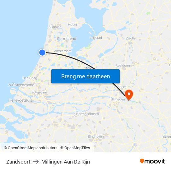 Zandvoort to Millingen Aan De Rijn map