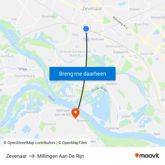 Zevenaar to Millingen Aan De Rijn map