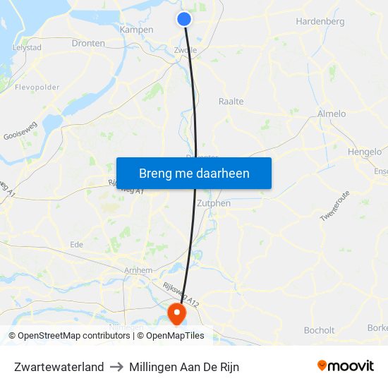 Zwartewaterland to Millingen Aan De Rijn map