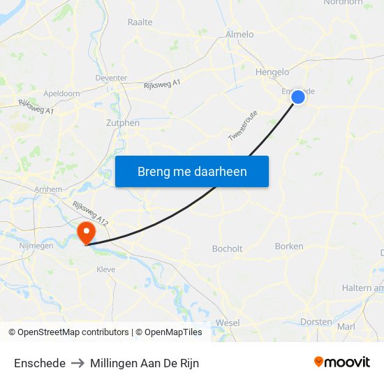 Enschede to Millingen Aan De Rijn map