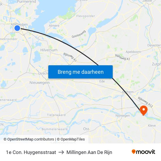 1e Con. Huygensstraat to Millingen Aan De Rijn map