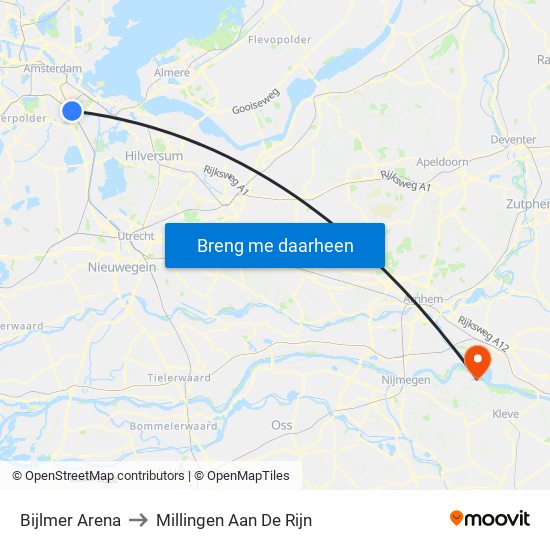 Bijlmer Arena to Millingen Aan De Rijn map