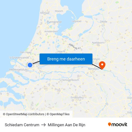 Schiedam Centrum to Millingen Aan De Rijn map