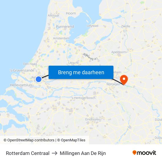 Rotterdam Centraal to Millingen Aan De Rijn map