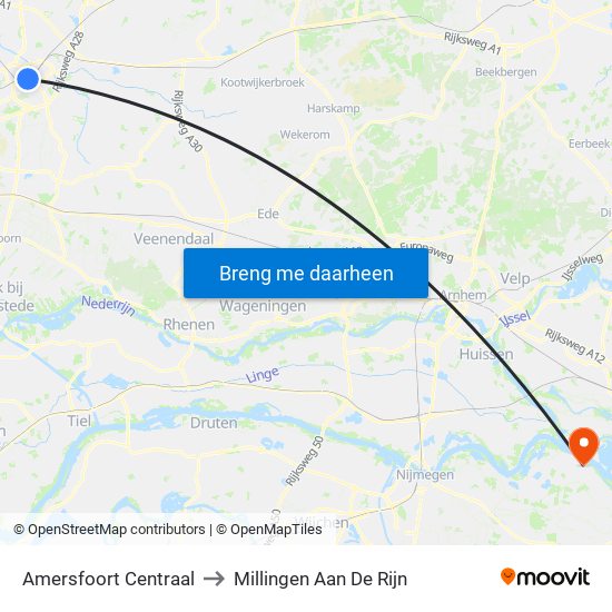 Amersfoort Centraal to Millingen Aan De Rijn map