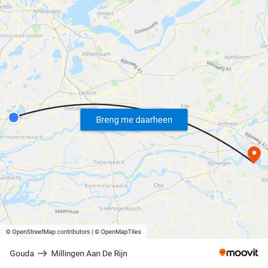 Gouda to Millingen Aan De Rijn map