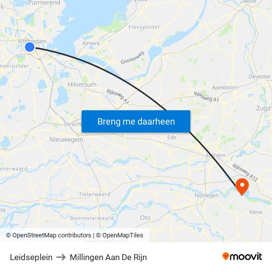 Leidseplein to Millingen Aan De Rijn map