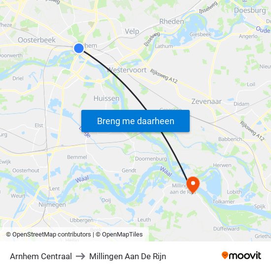 Arnhem Centraal to Millingen Aan De Rijn map