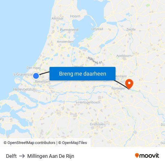 Delft to Millingen Aan De Rijn map