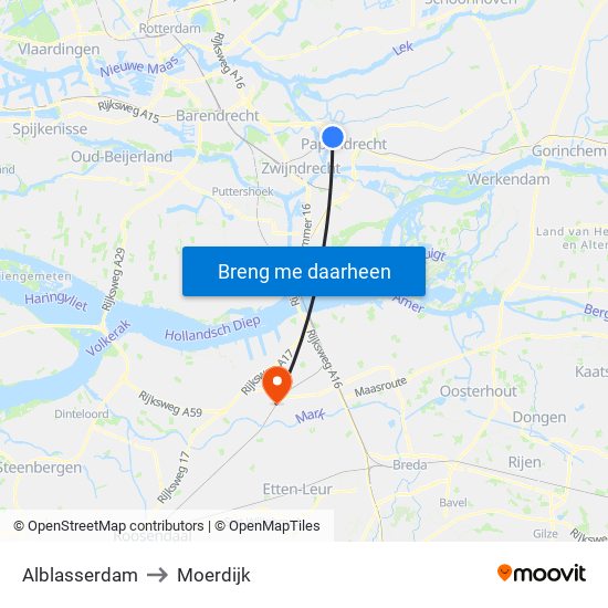 Alblasserdam to Moerdijk map