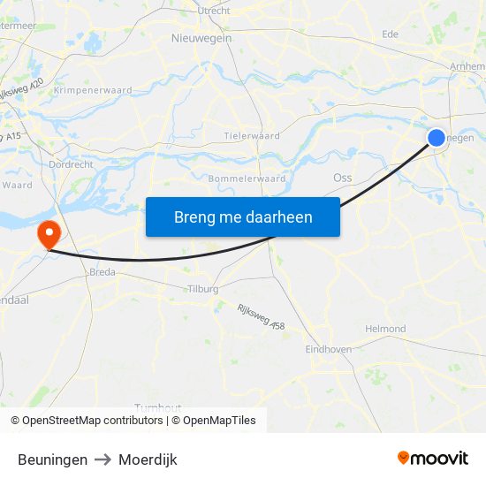 Beuningen to Moerdijk map