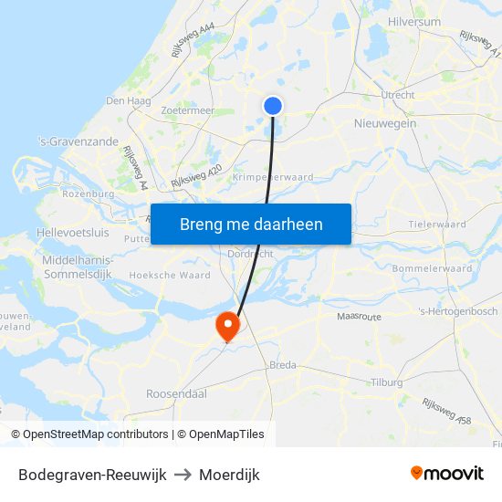 Bodegraven-Reeuwijk to Moerdijk map