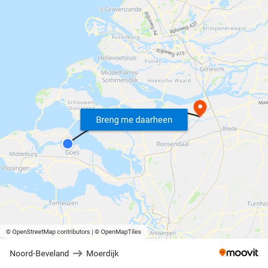 Noord-Beveland to Moerdijk map