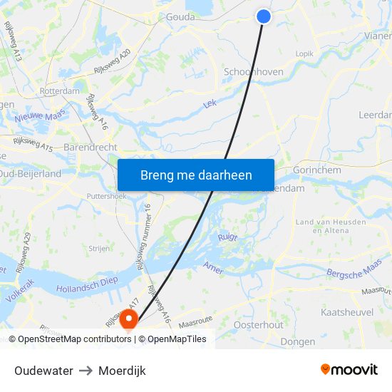 Oudewater to Moerdijk map