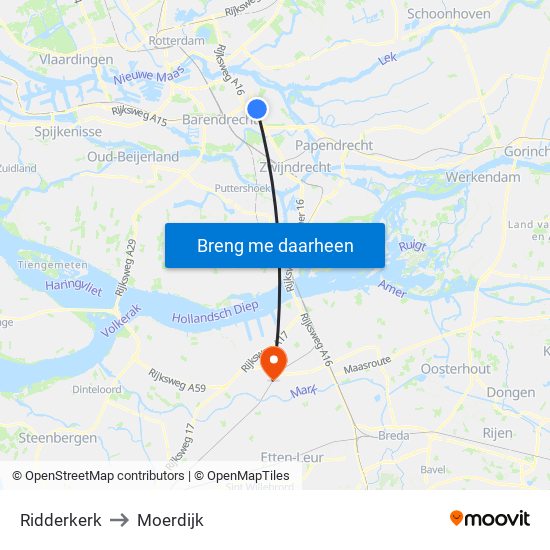 Ridderkerk to Moerdijk map