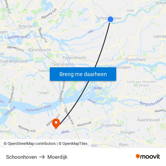 Schoonhoven to Moerdijk map