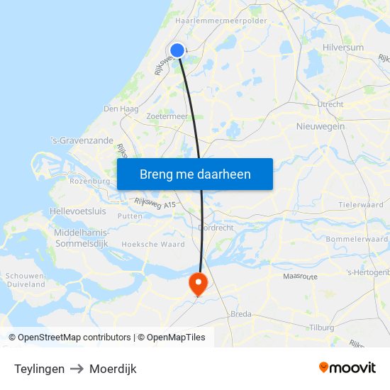 Teylingen to Moerdijk map