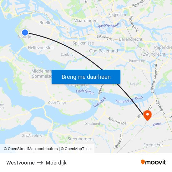 Westvoorne to Moerdijk map