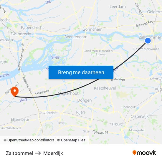 Zaltbommel to Moerdijk map