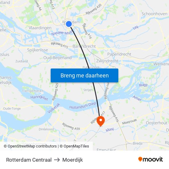 Rotterdam Centraal to Moerdijk map