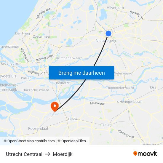 Utrecht Centraal to Moerdijk map